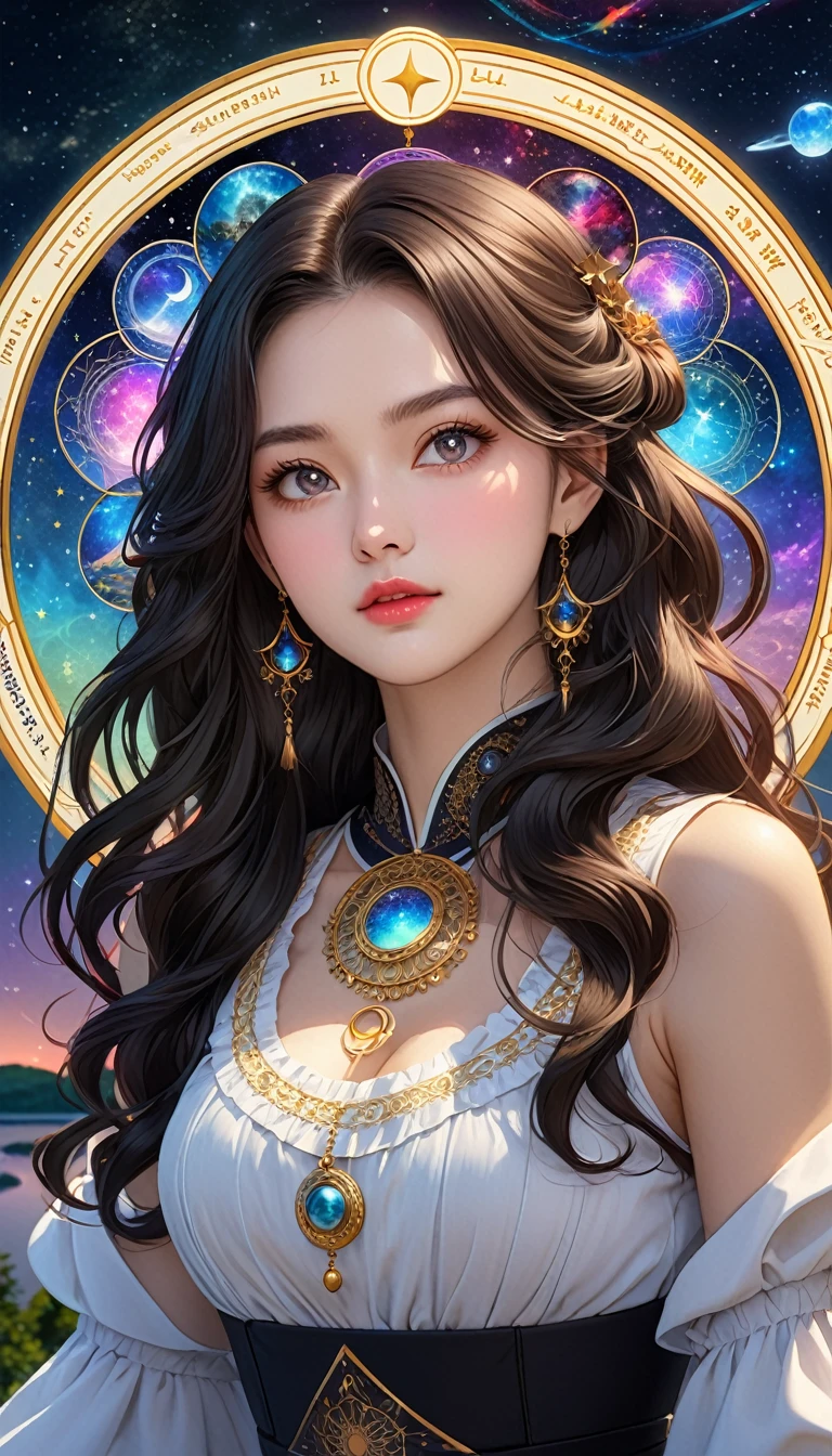 A wonderful masterpiece, Upper Body, (Adult: 1.6) Hungarian woman, (Giggling: 0.4), Place your arms behind your head, Golden braid, Sparkling eyes, victorian sundress, Floating light particles, Centered, Adding facial details