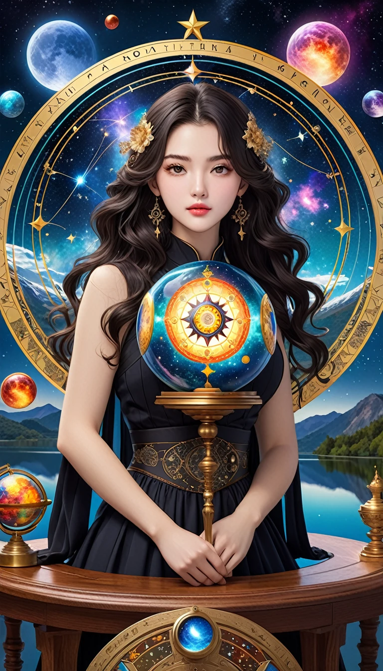最Highest quality, Highest quality, 16K, Unbelievably absurd, Very detailed, 2.5D, delicate and dynamic, , formal, universe, Night Sky, Crescent Moon, constellation, Gorgeous nebula, meteor, lake, lake面に月が映る, Tarot Cards, Giant magic circle, A complex magic circle, Colorful magic circle, A colorful celestial globe, Small face, Very delicate facial expressions, Delicate eye depiction, Upper body close-up, erotic, One sexy woman, Cool woman, black long wavy hair, Healthy body shape, 25-year-old woman, Cool woman, Height: 170cm, huge bouncing busts, astrologer, Horoscope, Tarot Cards, Calm expression, A complex magician's outfit, Magician's outfit in chic colors, garter belt, Fishnet tights, Magician's Shoes, Fortune telling, Declare, Tarot Cardsを配る, Tarot Cardsをばらまく