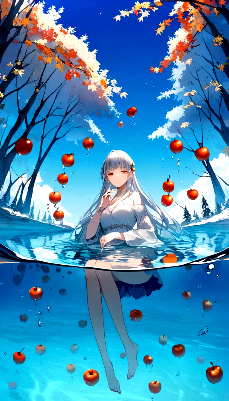 Transparent persimmons floating on the clear water, Ice Age，Late Autumn, Blue sky,