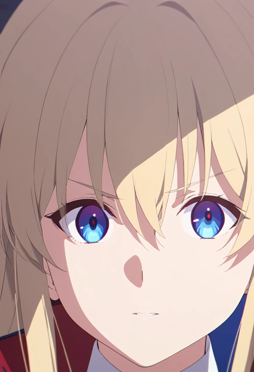 girl, anime, long hair with red and blue lines, pretty eyes, Blonde 