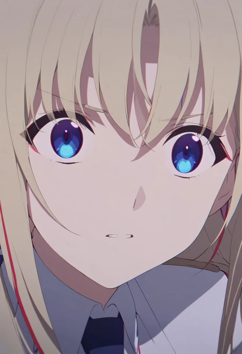 girl, anime, long hair with red and blue lines, pretty eyes, Blonde