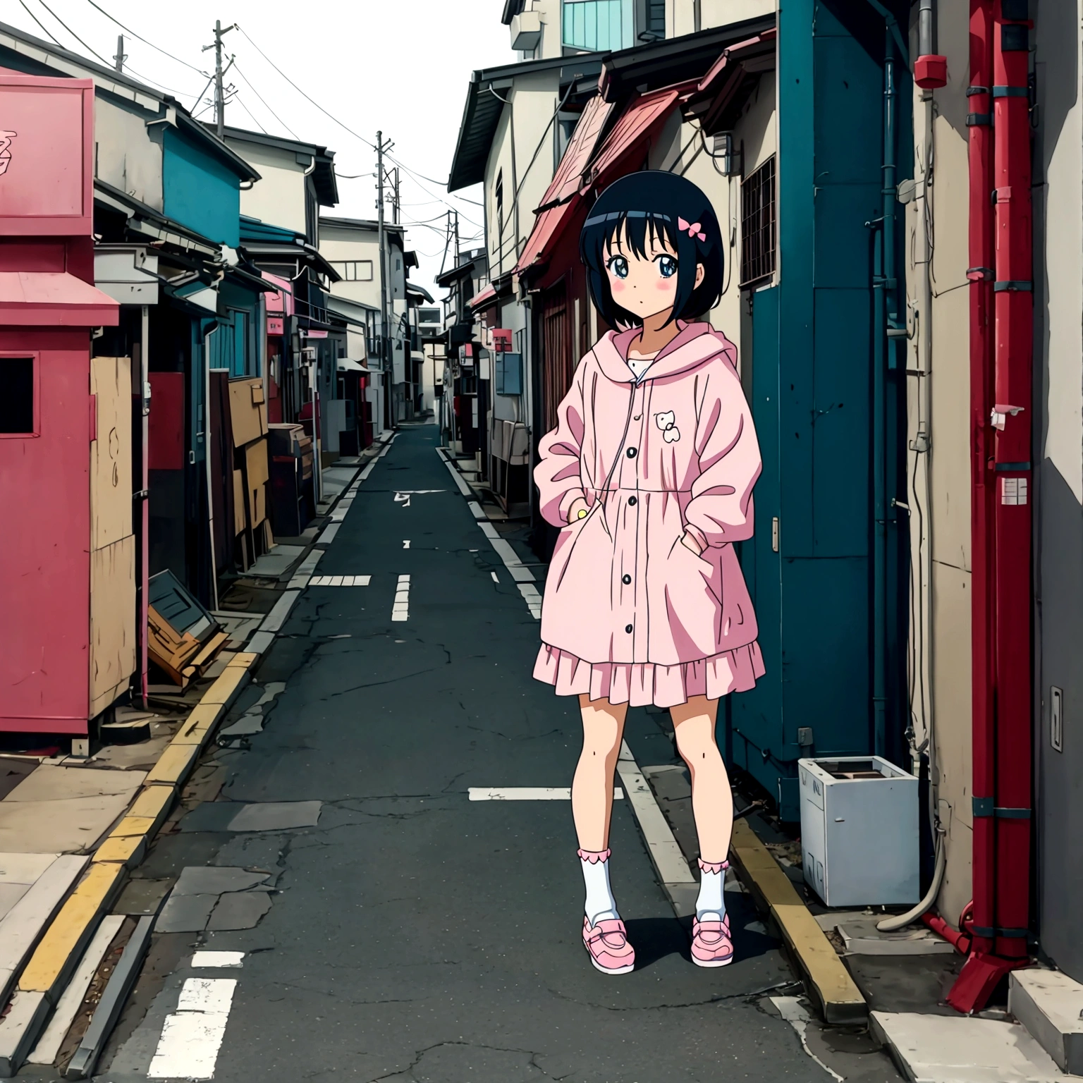 kawaii anime girl standing on a off street in kawaii anime