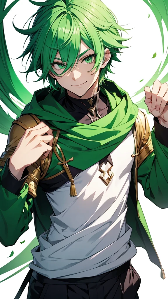 Anime male with green hair and green eyes smiles casually.