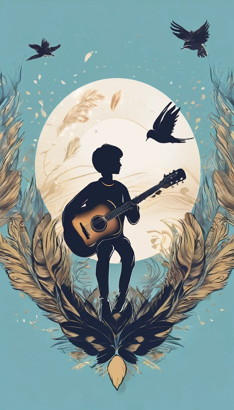 Create a professional, fantastic, cinematic dream-like Youtube Banner for a brand about music, stories, fantasy and dreams called " Penamemoria". Masterpiece, 4k, sharp focus, highest quality,wide shot. The title is " Penamemoria". Is a brand about the creative, unique journey of a boy into becoming a musician storyteller. In his journey he finds inspiration in a world of birds and feathers. Minimalistic, simple, poetic, dreamy logotype at the center of the image. The Background image is a world full of fantastic feathers, unique birds, light blue sky, soft white and light golden. Logo design of a boy guitarrist and a feather that bring memories
