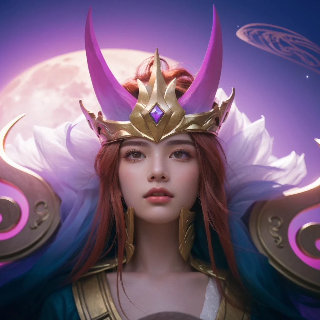 a close up of a boy with a crown on his head, god of the moon, red hair, extremely detailed face, ethereal, divine, celestial, glowing moon in the background, dark night sky, stars, crescent moon, detailed lighting, dramatic chiaroscuro, cinematic, fantasy, digital art, 8k, hyper detailed, masterpiece, photorealistic