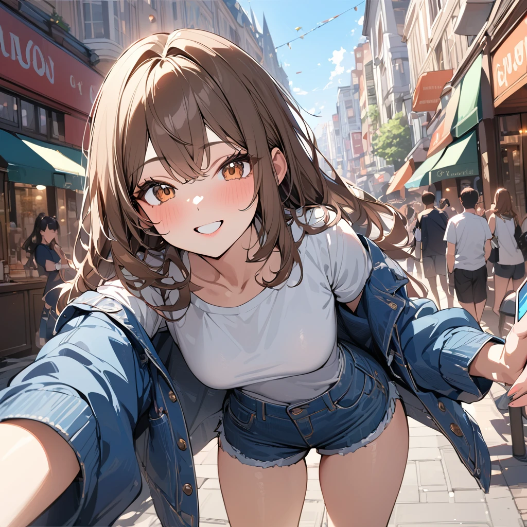 (masterpiece:1.5), highest quality, Super detailed, very detailed, exquisite, 16k, Full HD, very aesthetic, absurdres, anime style, 1girl, high school girl, beautiful, female, sexy girl, 18 years old, shoulder-length brown hair, brown hair, joyful smile, trendy casual fashion, denim jacket, white T-shirt, shorts, sneakers, holding smartphone, taking a selfie, busy street with cafes and boutiques, sunny afternoon, bright sunlight on girl's face, soft shadows, people and bicycles in the background, blue sky and tall buildings in the distance, sharp focus on subject, vivid colors, cheerful and lively atmosphere, warm sunlight feel
