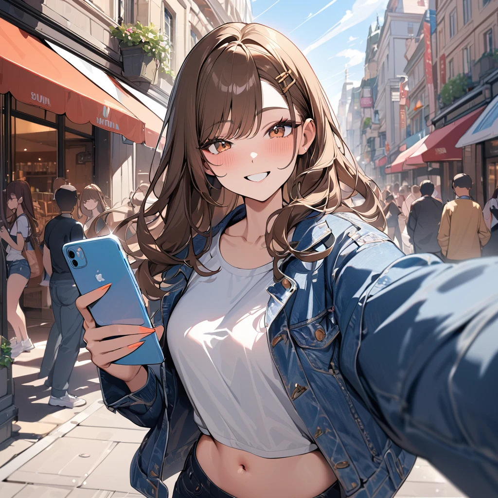 (masterpiece:1.5), highest quality, Super detailed, very detailed, exquisite, 16k, Full HD, very aesthetic, absurdres, anime style, 1girl, high school girl, beautiful, female, sexy girl, 18 years old, shoulder-length brown hair, brown hair, joyful smile, trendy casual fashion, denim jacket, white T-shirt, shorts, sneakers, holding smartphone, taking a selfie, busy street with cafes and boutiques, sunny afternoon, bright sunlight on girl's face, soft shadows, people and bicycles in the background, blue sky and tall buildings in the distance, sharp focus on subject, vivid colors, cheerful and lively atmosphere, warm sunlight feel