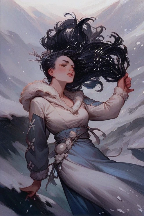 A girl with white hair in a blue dress lies in the snow