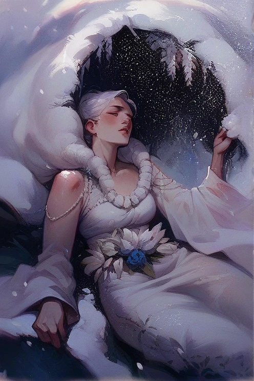 A girl with white hair in a blue dress lies in the snow