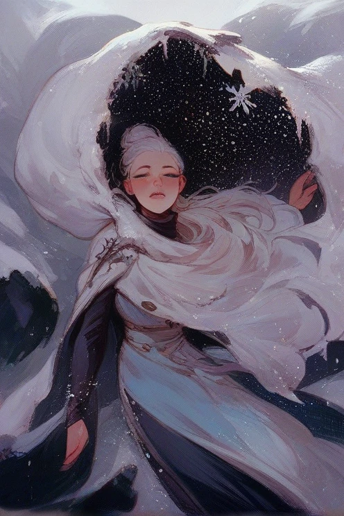 A girl with white hair in a blue dress lies in the snow 