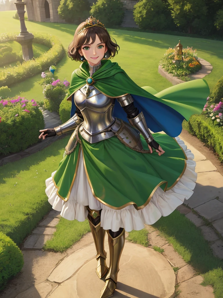 masterpiece, best quality:1.2), 1girl, smile, looking at viewer, green eyes, short brown hair, princess, armor, , pauldrons, armored dress, green cloak cape, wearing puffy blue ballgown skirt, golden tiara with green gem, armored boots, fingerless gloves, standing in medieval garden