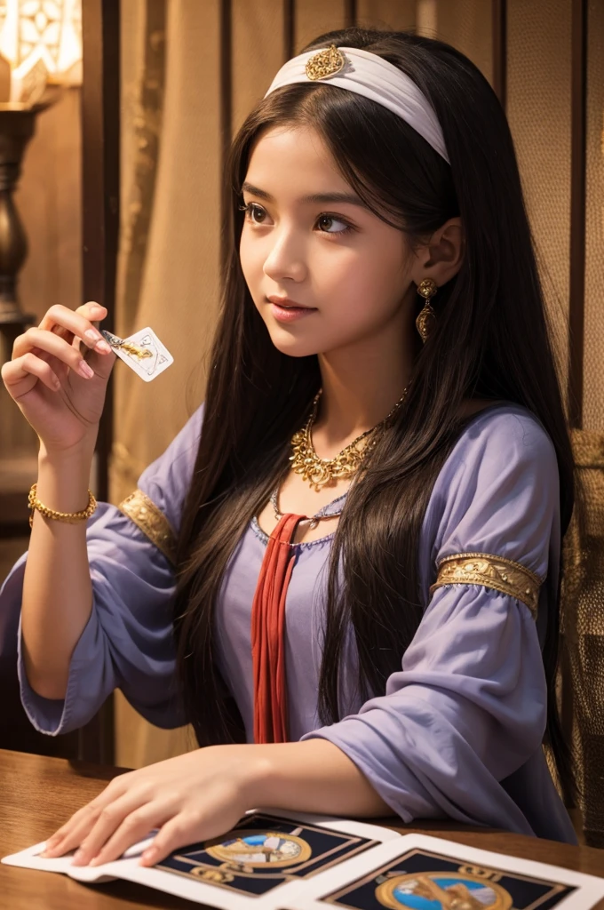 Young female fortune teller doing tarot reading