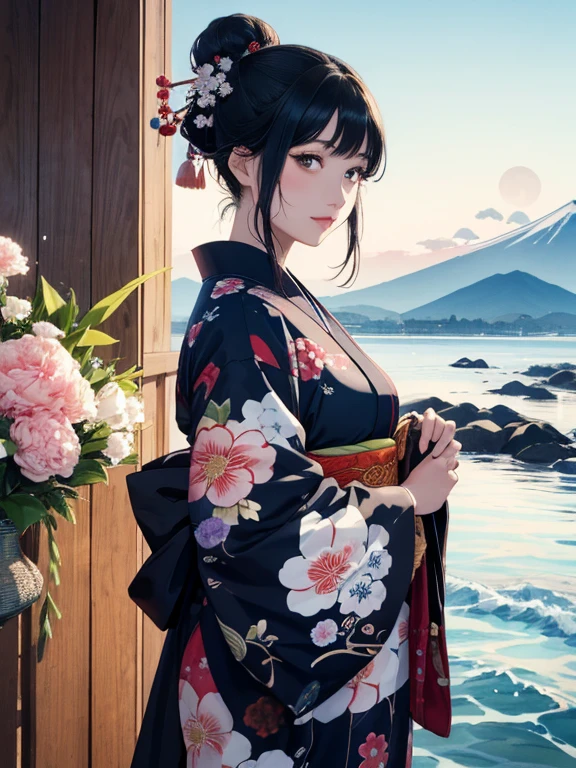 (Highest quality、masterpiece、High resolution、8K)、Ukiyo-e、Vibrant colors、Katsushika Hokusai、1 female、Black hair Japanese topknot、whole body、The kimono has a vivid floral pattern on a white background.、Official Art、背景はUkiyo-e風、White waves and Mt. Fuji、Flowers and Moon、White waves and the moon