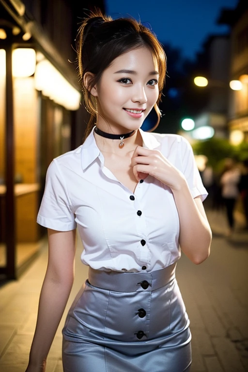 (A gorgeous Japanese office lady, age 25, wearing formal office attire, short-sleeve white shirt with buttons & choker, grey pencil mini-skirt, walking in town at midnight, friendly & kind expression, gentle smile, dimpled chin, cute snaggle-tooth, short hair ponytail, symmetrical face, beautiful detailed face, bright_and_full_of_warmth_eyes, detailed eyes, ample round bosom, photorealistic, hyper-realism, high contrast, ultra HD, realistic skin textures, top image quality, top-quality, super high resolution, fine details, very meticulously, masterpiece, head to knees, the Cowboy shot, romantic atmosphere, bokeh night background)