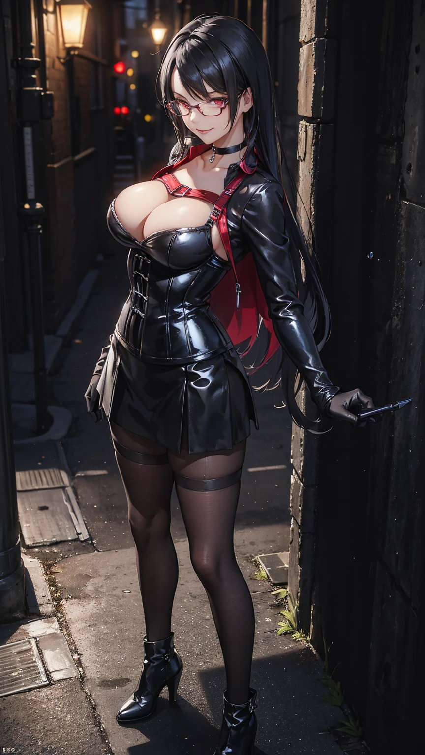 1 woman, standing, with seductive expression, loving smile, view from front, big breasts, detailed eyes, pose sexy, long black hair, his super detailed glowing eyes, Full lips painted red, chiseled physique and wide hips. glasses, choker:1.6, (long sleeve white collar buttoned shirt), (shiny black corset), black gloves covering your hands, (shiny black miniskirt), Walking in a dark alley at night, This image oozes realism., capturing the essence of a fragile figure. digital art, photorealistic and high definition technique