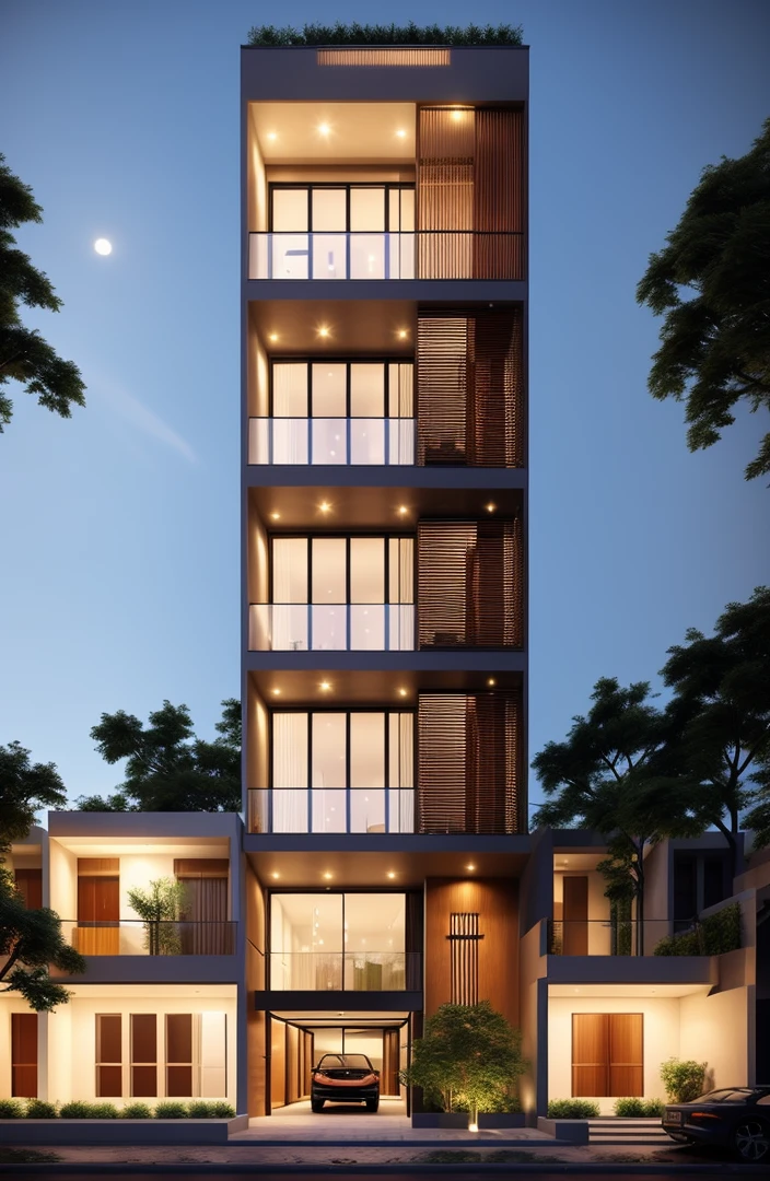 Perspective of a modern house with a large enough front yard, main materials are light yellow walls, stone and wood, a road running in front of the house, (RAW photo, real, best quality, masterpiece: 1.2), current view modern minimalist, 1 street in front of house, shime ring light, indoor brightness:1.2, dynamic lighting:1.3, (hyper-realistic, photo-realistic:1.2), high quality, daylight, contrast high:0.5 perfect light, Archdaily, contemporary masterpiece award, award winning contemporary, beautifully designed masterpiece, spacious modern mansion, modern neo-traditional, wide angle exterior 2022 , mid-century modern, contemporary home, stylish modern feel, long front view, award-winning modern design, stunning lines, residential, exquisite details, indoors gently:1.3