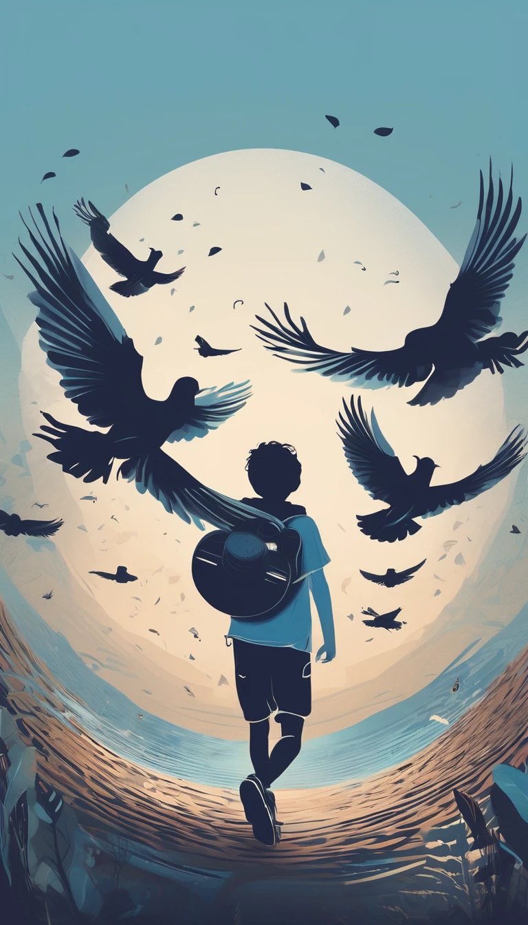 Create a professional, fantastic, cinematic Youtube Banner for a brand about music and stories called " Penamemoria". Masterpiece, 4k, sharp focus, highest quality,wide shot. The title is " Penamemoria". Is a brand about the creative, unique journey of a boy into becoming a musician storyteller. In his journey he finds inspiration in a world of birds and feathers. Minimalistic, simple, poetic, dreamy logotype at the center of the image. The Background image is a world full of fantastic feathers, unique birds, light blue sky, and a boy running happily into the horizon with an acoustic guitar in his right hand. Boy running against the wind, almost simulating like he is flying

