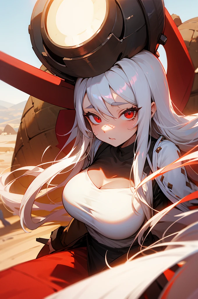 Woman long white hair red eyes big breast desert 