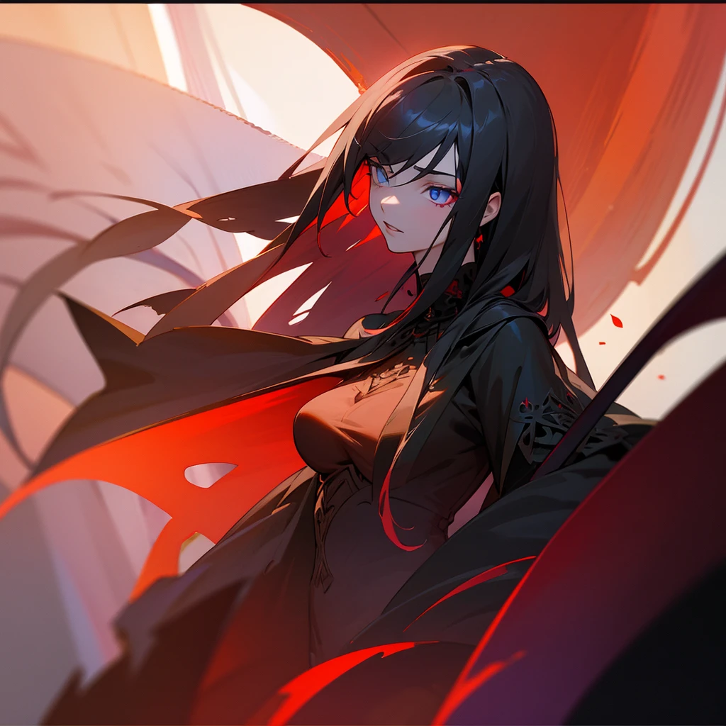 Elegant woman with cool red-purple heterochromia eyes, wearing a red dress, long black hair (top quality, 8k, high, masterpiece), highly detailed facial features, intricate details, natural lighting, warm color, soft focus, digital painting, fantasy art, silhouette, red light, eerie atmosphere, foggy, Scythe, weapon, red aura, black particles, big breasts.