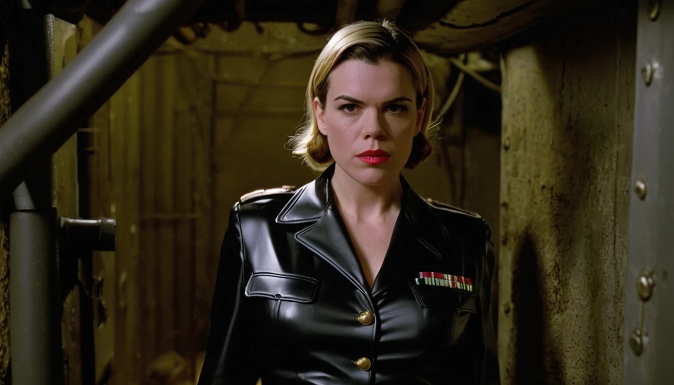 realistic nsfw photo , Blond Clea DuVall standing nude breasts , wearing black shinny pvc WWII german uniform , wearing shinny pvc thigh high boots , in WWII bunker