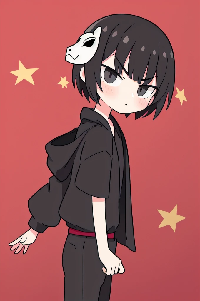 Create a boy with short black hair and a mask, elegant clothes and serious look