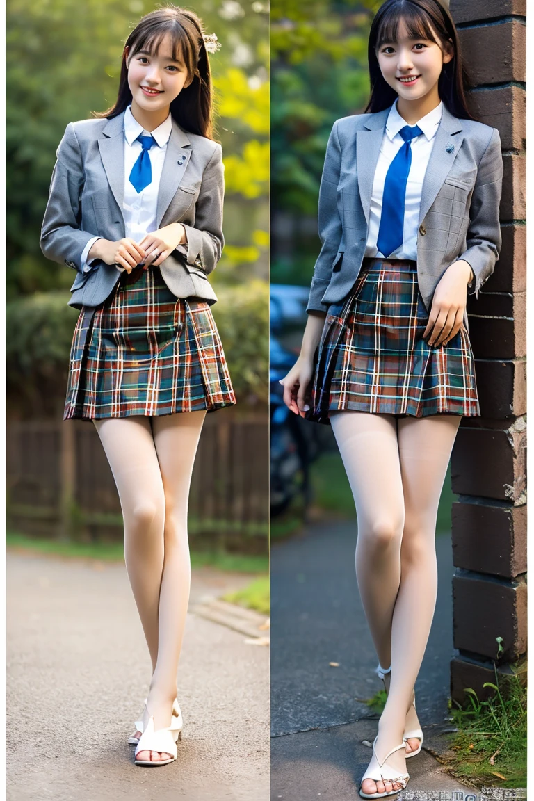 (8K), (highest quality: 1.2), (realistic), (realistic: 1.37), ultra high resolution, (1 girl、17 years old), cute, smile, closed mouth, beautiful details, beautiful nose, wet hair, giant dulcefo, pork, thighs，Self snap,High school Student Uniform,(A simple navy blue blazer),pleated skirt,(The skirt and tie are gray tartan check pattern....:1.3),(sitting:1), sit on the ground,(hug your feet:1),white pantyhose,from the front,knees、loafers、Low - Angle、From the front view、Checkered Pleated Skirt、Ponytail 1.2、Knee-high socks、barefoot、((Between the legs、Panties that fit the female genitals、White panties、膝を上げて、お尻を床に付けて座る))