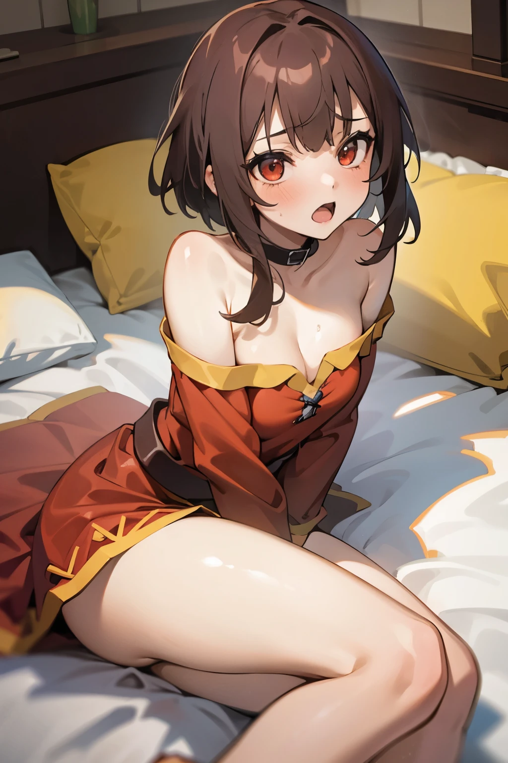 in love, masterpiece, 1girl, megumin's style,((sex)), female, 1boy,penis, moviment, rough, shocked, laying,(megumin),short_hair, (red_eyes),digtal art, blushing, shocked , missionay, bedroom, BREAK dick, bed, huge ,expressive eyes, lewd, puffy, innocent,global illumination, hdri, subsurface scattering, masterpiece, 4k, raytrace, beautiful, sharp, smooth skin, bloom, anime, perfect face, night BREAK (gentle, feminine, delicate)