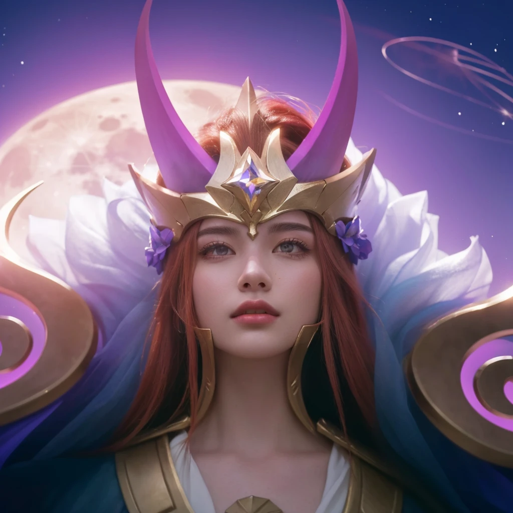a close up of a man with a crown on his head, god of the moon, red hair, extremely detailed face, male god, handsome, ethereal, divine, celestial, glowing moon in the background, dark night sky, stars, crescent moon, detailed lighting, dramatic chiaroscuro, cinematic, fantasy, digital art, 8k, hyper detailed, masterpiece, photorealistic
