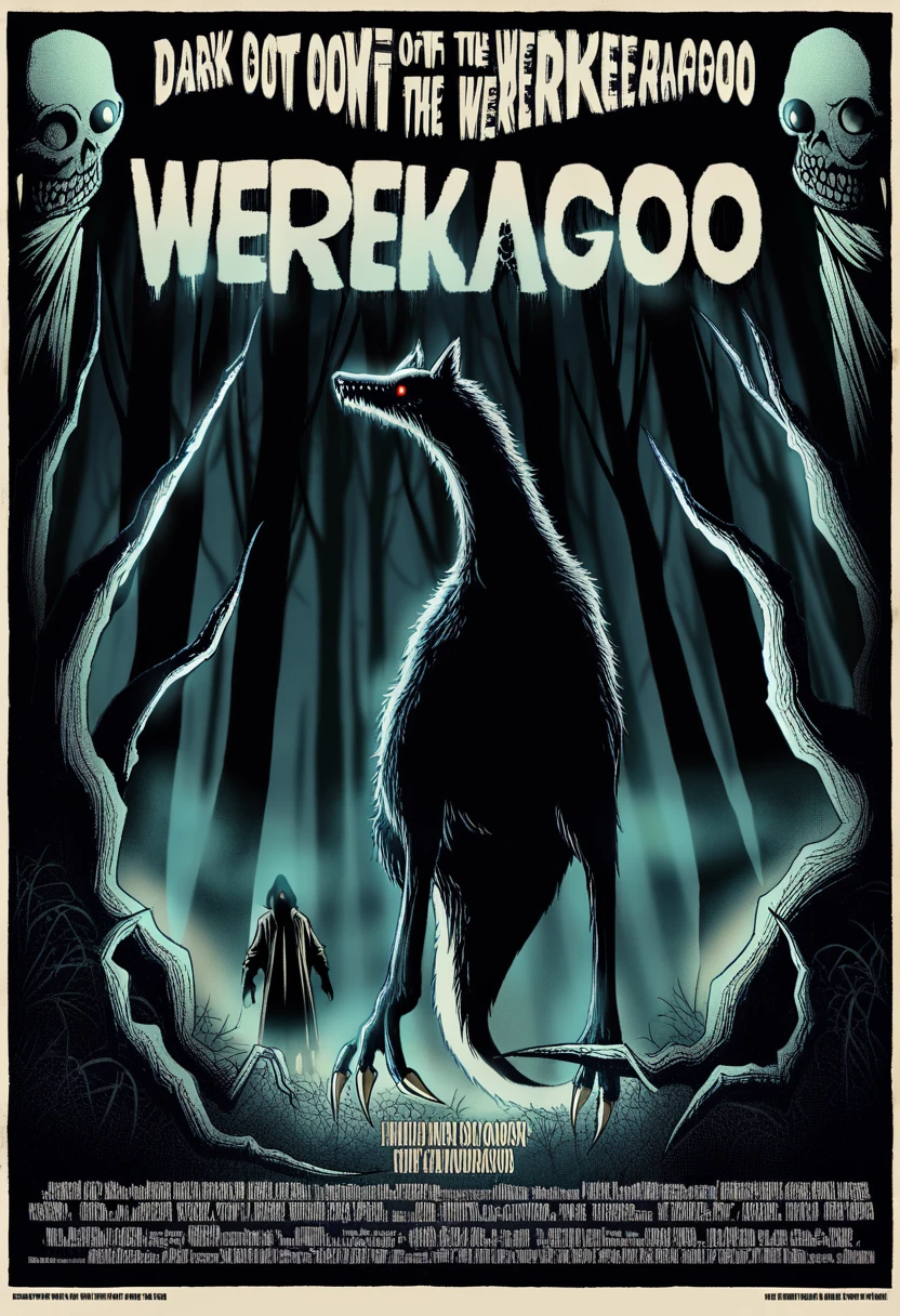 Movie poster, "Beware of the Werekangaroo", dark forest, full moon, night sky, werekangaroo, menacing expression, sharp claws, glowing eyes, dramatic lighting, horror theme, vintage style, cinematic effects, eerie atmosphere, ominous text, dynamic pose, high contrast, intricate details, horror movie, detailed background, text