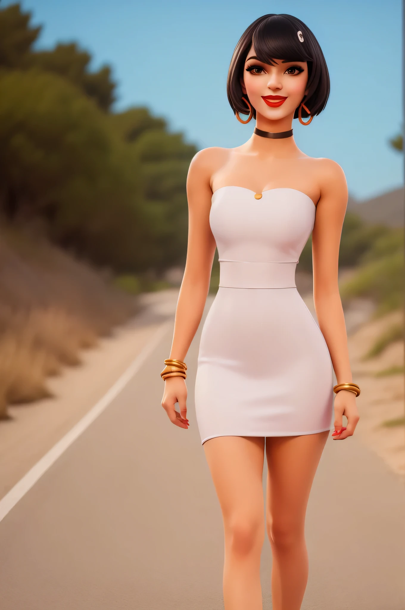 xyzevie, 1 girl, solo, breasts, looking at viewer, smile, short hair, black hair, brown eyes, jewelry, medium breasts, gold bracelet, red lips, strapless black tube dress, makeup, black choker, beach and road background, gold hoop earrings, bangle,
