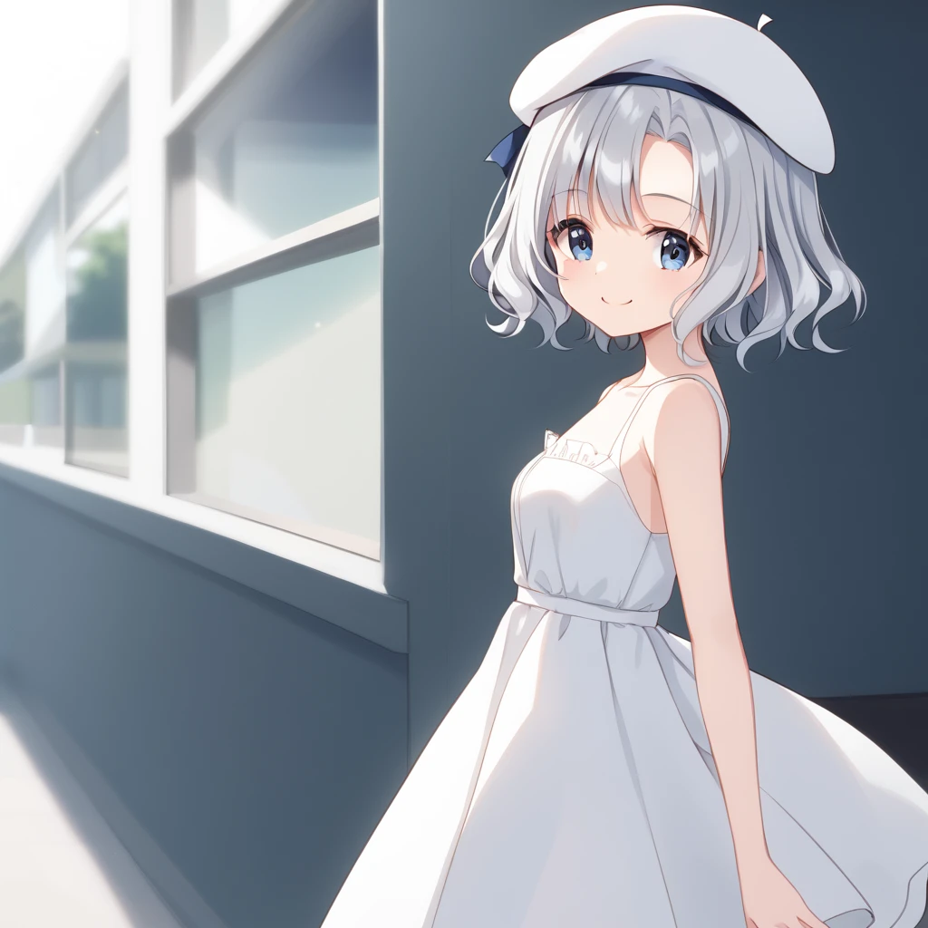 ((high quality,最high quality,8K,Best image quality)),Girl ri:1.1,(Silver Hair:1.2),cute,(Wavy Hair:1.2),(Very Short Hair:1.3),(Long sideburns:1.3),(Dark blue eyes:1.1),(White large one-piece dress:1.3),(smile:1.1),Strong winds,Transparency,(Small white beret:1.5)