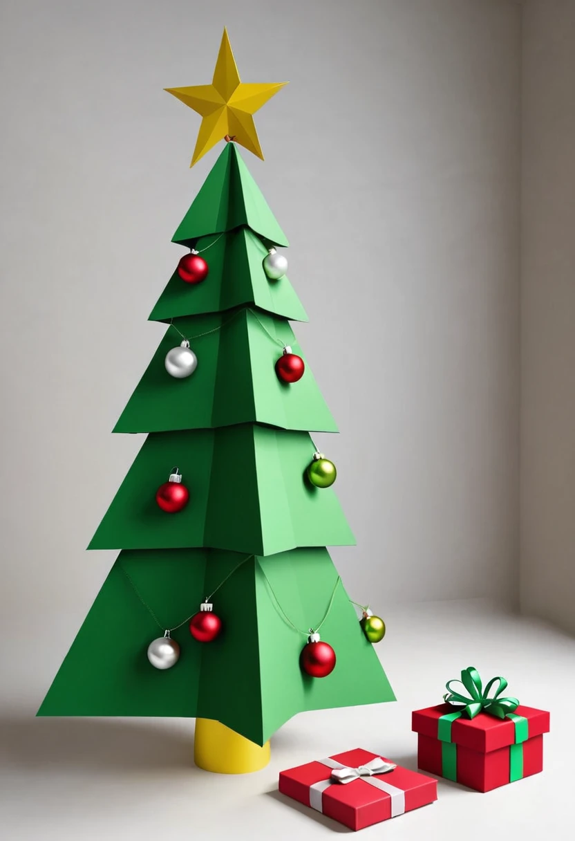 Make me a simple Christmas tree with a small gift box next to it. 3d shape