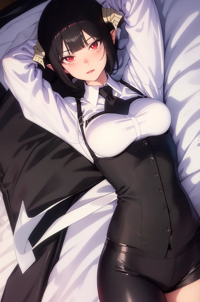 work of art, best qualityer, high resolution, 1girl horns short hair demon tail, white shirt black ascot black gloves black pants black vest lying on your back, sheet, arms up,blushed,face red,Hands behind the head,ssmile,Bblack hair,short thigh shorts,ssmile
