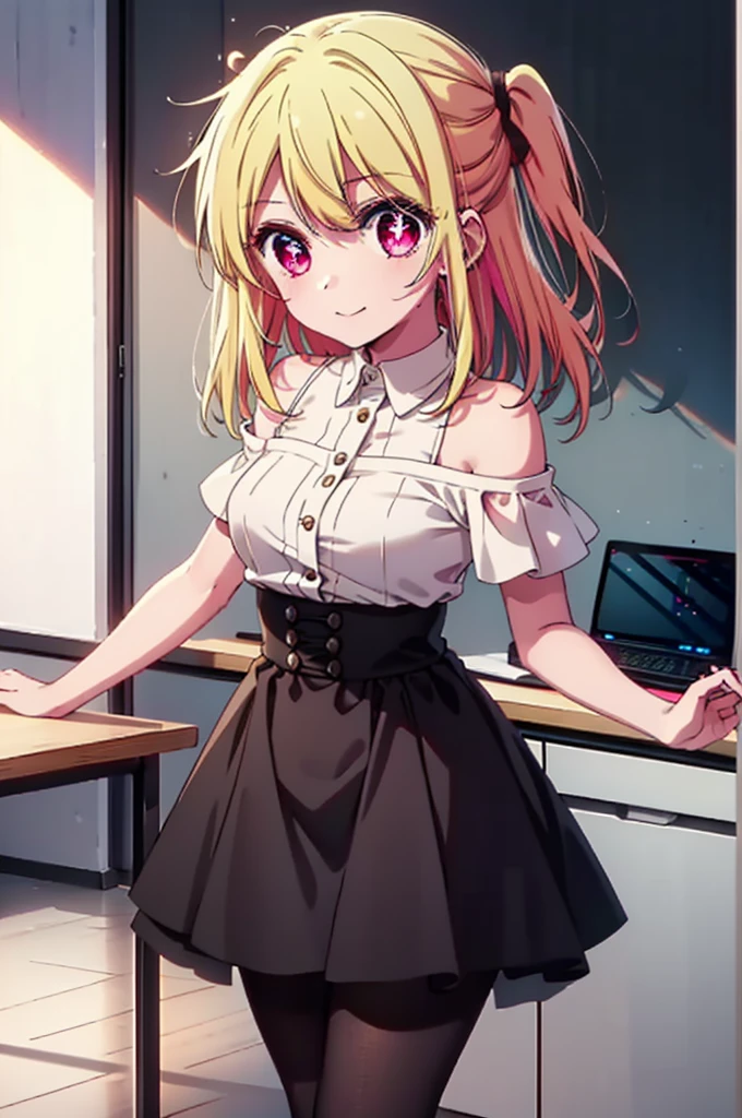 rubyhoshino, Hoshino Ruby, Long Hair, bangs, Blonde, (Pink Eyes:1.3), (Symbol-shaped pupil:1.5), Multicolored Hair, Two-tone hair, happy smile, smile, Close your mouth,
break, Cold Shoulder Shirt,Short sleeve,Long skirt,Black pantyhose,Stiletto heels,There is a computer on the table,Chair,Are standing,interior,whole bodyがイラストに入るように,Daytime,Clear skies,
break indoors, office,
break looking at viewer, whole body,
break (masterpiece:1.2), Highest quality, High resolution, unity 8k wallpaper, (figure:0.8), (Beautiful attention to detail:1.6), Highly detailed face, Perfect lighting, Highly detailed CG, (Perfect hands, Perfect Anatomy),