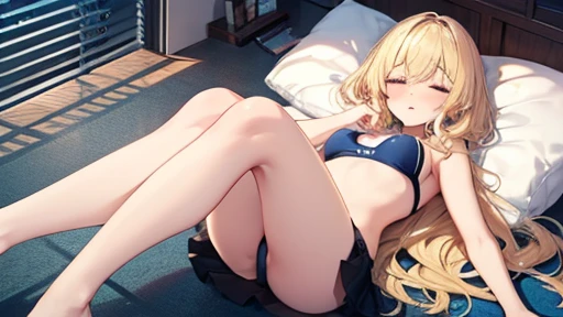 floor、mini skirt,Clothes with intricate details,Bright,Swimsuit,one person,blond,Sexy、Deep sleep、long hair、Stockings