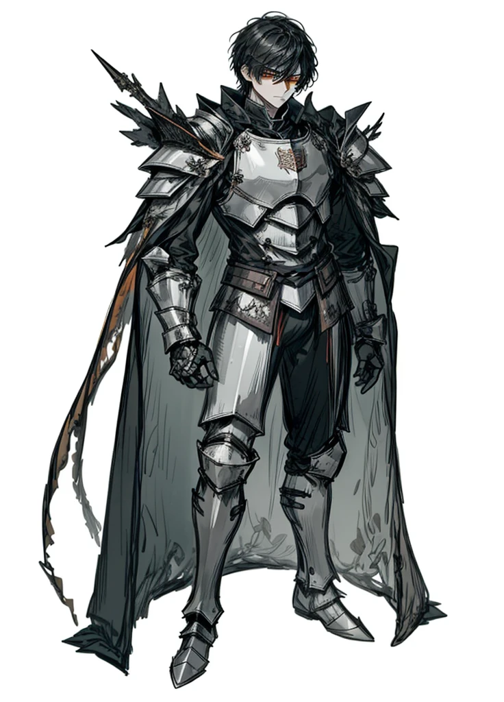 1boy ,black hair, orange eyes,armor, well-muscled man, nice clothes, cloak, Templar knight (high resolution, high detail, best quality), 
black background, calm