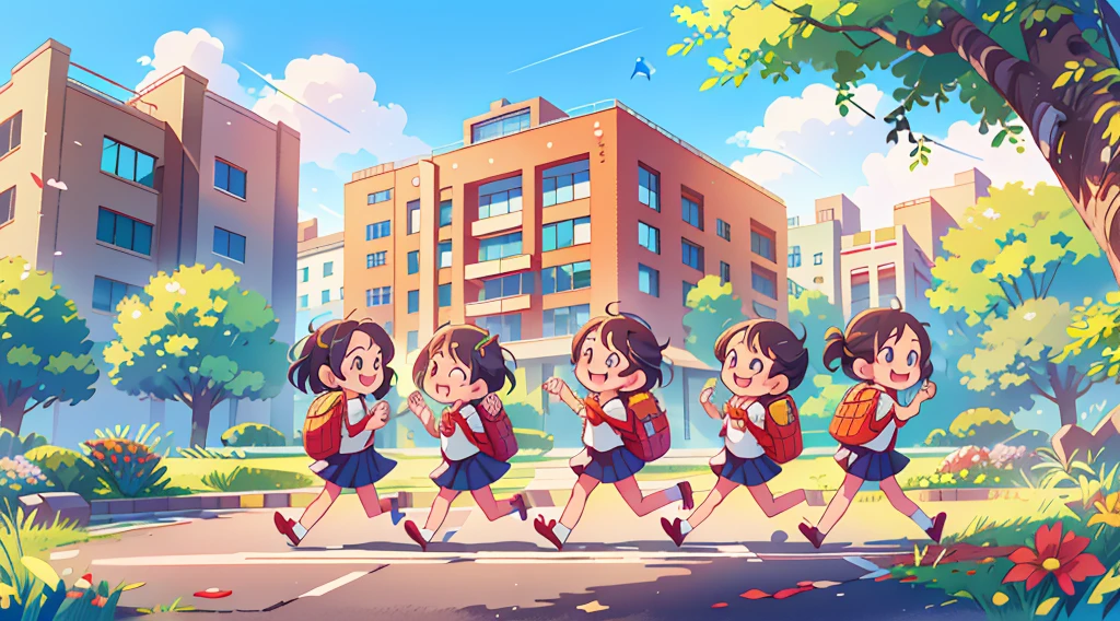 Highest quality, Ultra-high resolution, masterpiece, 8K quality,Children with school bags are running, Laughing happily. There is a building in the background, Flat school building, Warm Spring.