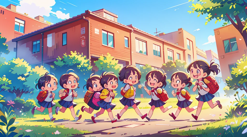 Highest quality, Ultra-high resolution, masterpiece, 8K quality,Children with school bags are running, Laughing happily. There is a building in the background, Flat school building, Warm Spring.