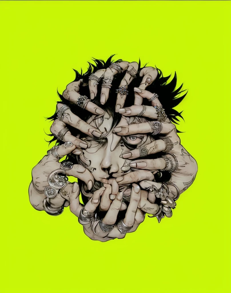 The central figure in the image is a human face, but it is almost entirely obscured by numerous hands that are gripping, pulling, and covering different parts of the face, The face appears to be in a state of distress or pain, with one eye half-open and the mouth grimacing, revealing clenched teeth, The hands are varied in their positions, with fingers intertwined, pressing into the skin, and some partially covering the eyes, nose, and mouth, Each hand is adorned with multiple rings, featuring intricate designs, The rings are metallic, mostly silver in color, and each has unique, detailed patterns, including skulls, crosses, and ornate symbols, The hands themselves are detailed with visible knuckles, veins, and skin folds, enhancing the realistic yet surreal quality of the image, The positioning of the hands and the way they interact with the face is carefully arranged to create a chaotic yet coherent composition, drawing the viewer's eye around the image to notice different details and elements