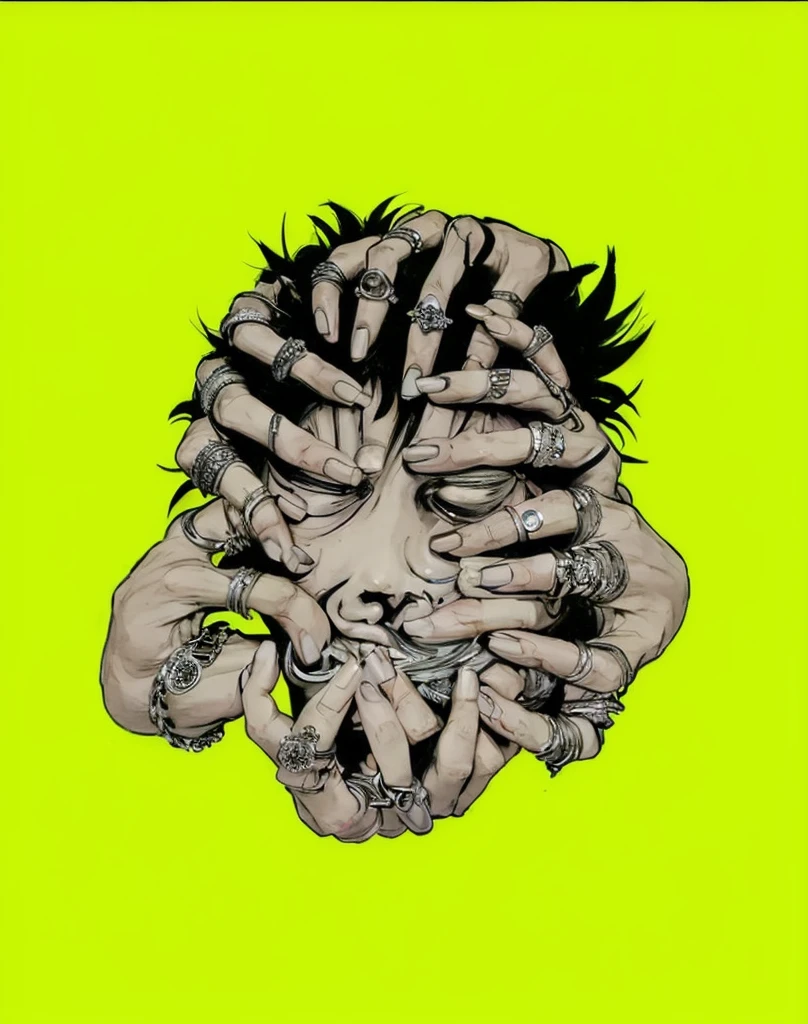 The central figure in the image is a human face, but it is almost entirely obscured by numerous hands that are gripping, pulling, and covering different parts of the face, The face appears to be in a state of distress or pain, with one eye half-open and the mouth grimacing, revealing clenched teeth, The hands are varied in their positions, with fingers intertwined, pressing into the skin, and some partially covering the eyes, nose, and mouth, Each hand is adorned with multiple rings, featuring intricate designs, The rings are metallic, mostly silver in color, and each has unique, detailed patterns, including skulls, crosses, and ornate symbols, The hands themselves are detailed with visible knuckles, veins, and skin folds, enhancing the realistic yet surreal quality of the image, The positioning of the hands and the way they interact with the face is carefully arranged to create a chaotic yet coherent composition, drawing the viewer's eye around the image to notice different details and elements