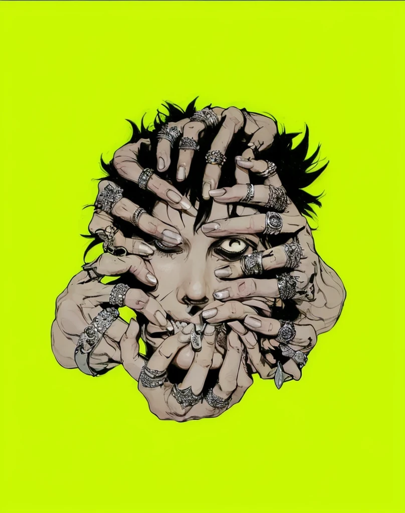 The central figure in the image is a human face, but it is almost entirely obscured by numerous hands that are gripping, pulling, and covering different parts of the face, The face appears to be in a state of distress or pain, with one eye half-open and the mouth grimacing, revealing clenched teeth, The hands are varied in their positions, with fingers intertwined, pressing into the skin, and some partially covering the eyes, nose, and mouth, Each hand is adorned with multiple rings, featuring intricate designs, The rings are metallic, mostly silver in color, and each has unique, detailed patterns, including skulls, crosses, and ornate symbols, The hands themselves are detailed with visible knuckles, veins, and skin folds, enhancing the realistic yet surreal quality of the image, The positioning of the hands and the way they interact with the face is carefully arranged to create a chaotic yet coherent composition, drawing the viewer's eye around the image to notice different details and elements
