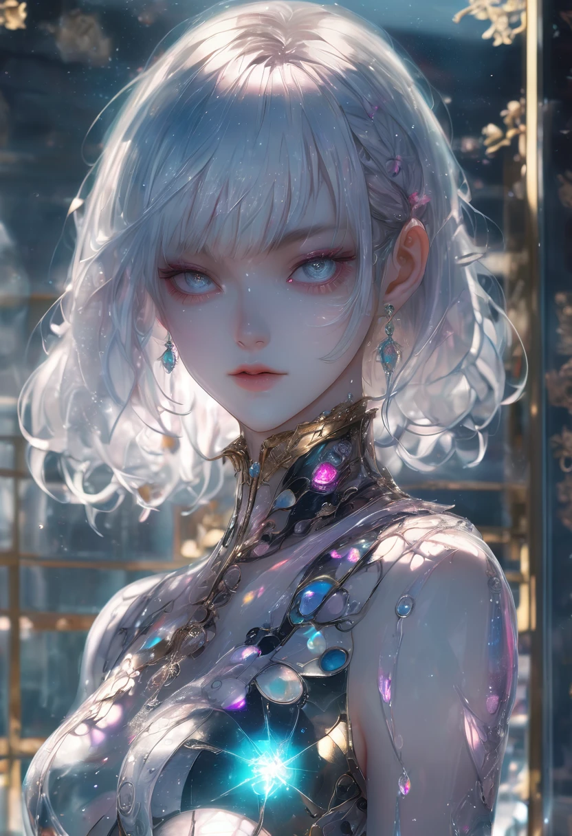 crystal covered, upper body, side shot, alternate color, masterpiece, detailed illustration, realistic, pixiv top quality, exquisite, {{{kawaii 1girl}}}, ultra beauties who fuse with machines, elaborate shabby chic pattern, glitter beautiful female, Half of my body is made of machines, transparent glass body, The machines inside the body are transparent, cinematic lighting, dynamic angle, dynamic pose, crystal world, depth of field,Full body portrait