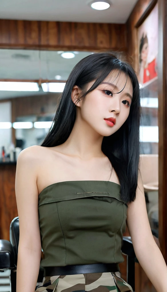 close-up of beautiful Chinese, Ningning is a AESPA South Korean pop girl group, age 18 years old girl, youthful face, perfect body, white body skin, medium-length cut, standard black hair, straight hair, thick flat bangs cut, 32 inches breasts size, wearing a plain standard light white strapless tube top, wearing a tight camouflage mini short leggings, Ningning sits on the military barbershop, Ningning holding breasts with her own two hands is very sexy and sigh, Ningning squeezes the breasts very seductively, Ningning lowered her strapless tube top a little bit, ((Ningning held her breasts while sits in the military barbershop)), ((Ningning experienced arousal when her breasts became tense and made her look tempted)), Ningning pees in the military barbershop with a sigh and seductive, Ningning own pees, Ningning pees herself until she gets wet, Ningning pees herself until she gets wet downstairs, ((peeing self)), ((wet pee)), I held my hair delicately, then I held the scissors in my right hand, then cut my hair using the scissor tool while sighing and sexy, strand after strand of Ningning’s hair fell, pieces of Ningning’s hair now filled the floor around where she was sitting, strand after strand of Ningning’s hair fell down, pieces of Ningning’s hair now filled the floor around where she was sitting, ((Ningning cuts her own hair using a scissor)), ((Ningning looks sighing and teasing while cutting her own hair using a scissor)), ((the remaining hair pieces were scattered on the military barbershop floor)), ((strands of Ningning’s hair fell down)), ((the remaining hair pieces fell under the floor), sexy looking pose, pose a naughty look, pose looks seductive, at the military barbershop, military barbershop background, UHD