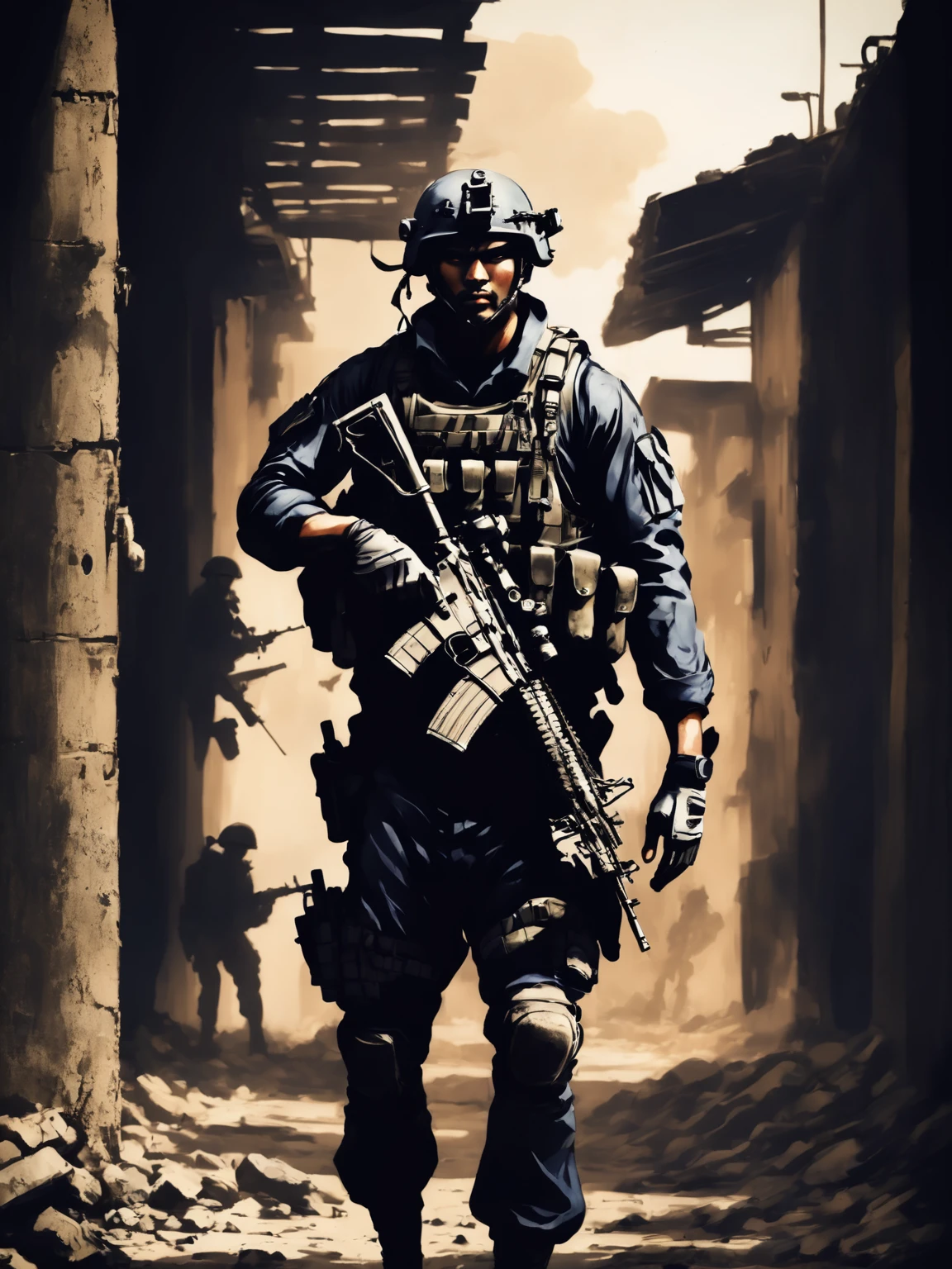 detailed soldier in navy seal uniform, tactical military gear, ready for infiltration, gritty and grungy military environment, dark color palette, dramatic shadows, weathered and worn equipment, intense military action scene, best quality shinakawa youji style 