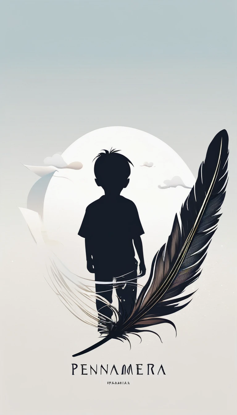 A minimalist, fantastic, poetic, dreamy, captivating, memorable, masterpiece, modern, simple logo design of a boy and a feather for the brand “Penamemoria". The logo must convey a sense of music, stories and dreams. Minimalistic logo design of a boy and a feather.