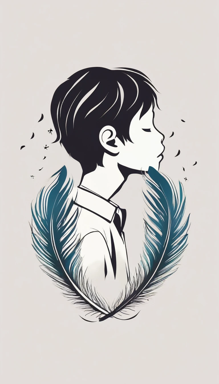 A minimalist, fantastic, poetic, dreamy, captivating, memorable, masterpiece, modern, simple logo design of a boy and a feather for the brand “Penamemoria". The logo must convey a sense of music, stories and dreams. Minimalistic logo design of a boy and a feather.
