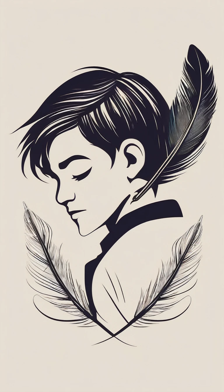 A minimalist, fantastic, poetic, dreamy, captivating, memorable, masterpiece, modern, simple logo design of a boy and a feather for the brand “Penamemoria". The logo must convey a sense of music, stories and dreams. Minimalistic logo design of a boy and a feather.
