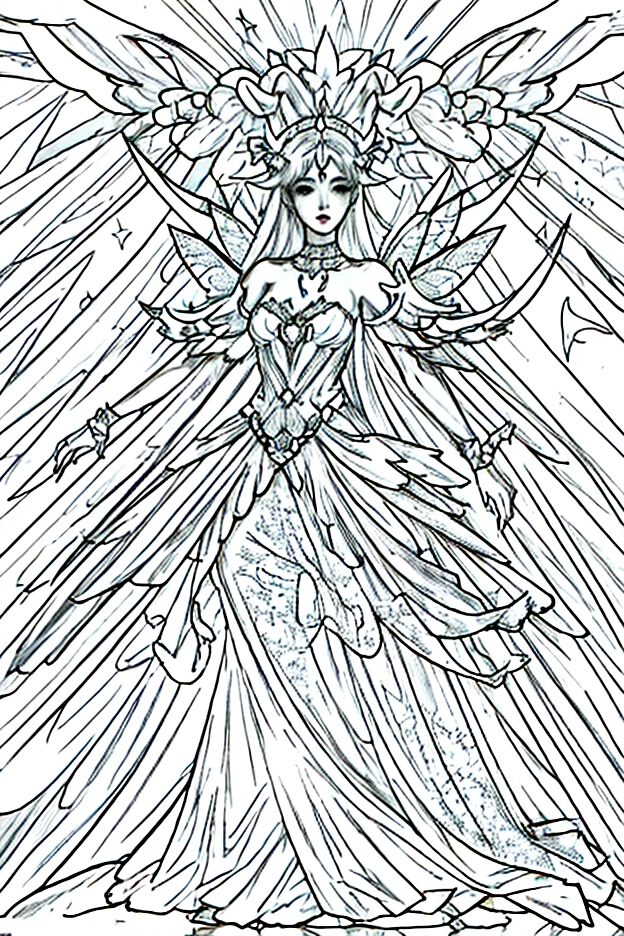 best quality, high resolution, detailed background, high contrast, 1 Fairy full body, white background, clean line drawings, vibrant colors, lineart