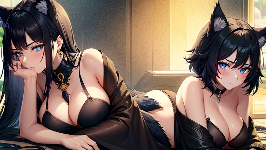 An adult woman, half wolf and dragon, black hair, black wolf ears, black dragon tail, blue eyes, has a collar with a little golden heart, wide breasts, very sexy, underwear, very shy, lying down