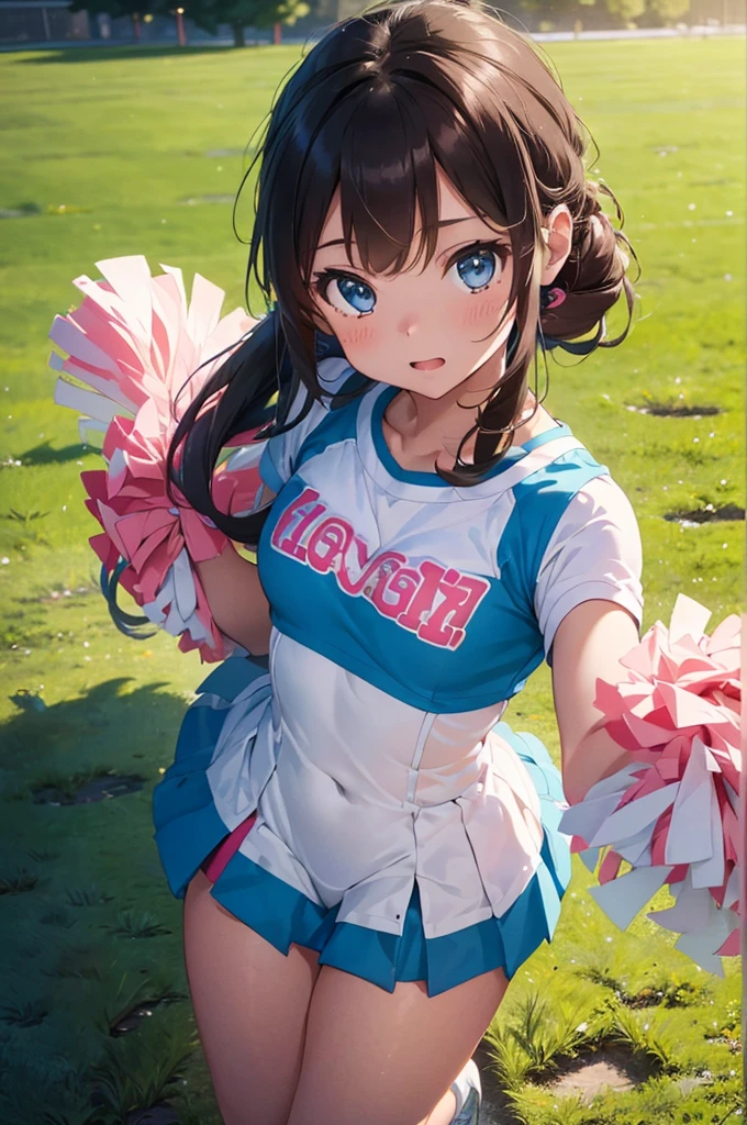 a young cheerleader girl, cute, long brown hair, blue eyes, pink cheerleader outfit, energetic, outdoor cheerleading scene, blue sky, green grass, (best quality,4k,8k,highres,masterpiece:1.2),ultra-detailed,(realistic,photorealistic,photo-realistic:1.37),highly detailed,intricate details,vibrant colors,cinematic lighting,professional photography